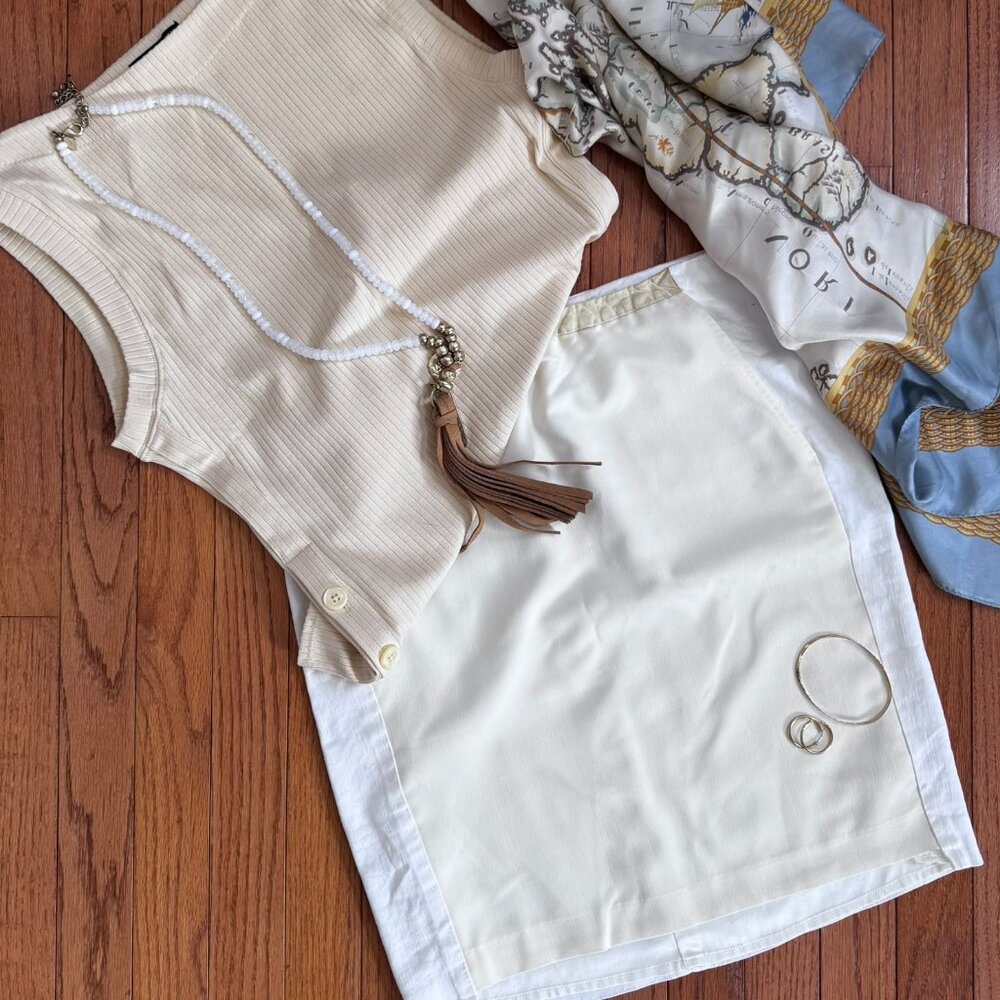 J Brand Ivory Linen Blend Mini Skirt Leather Waist Trim Pockets Size 4